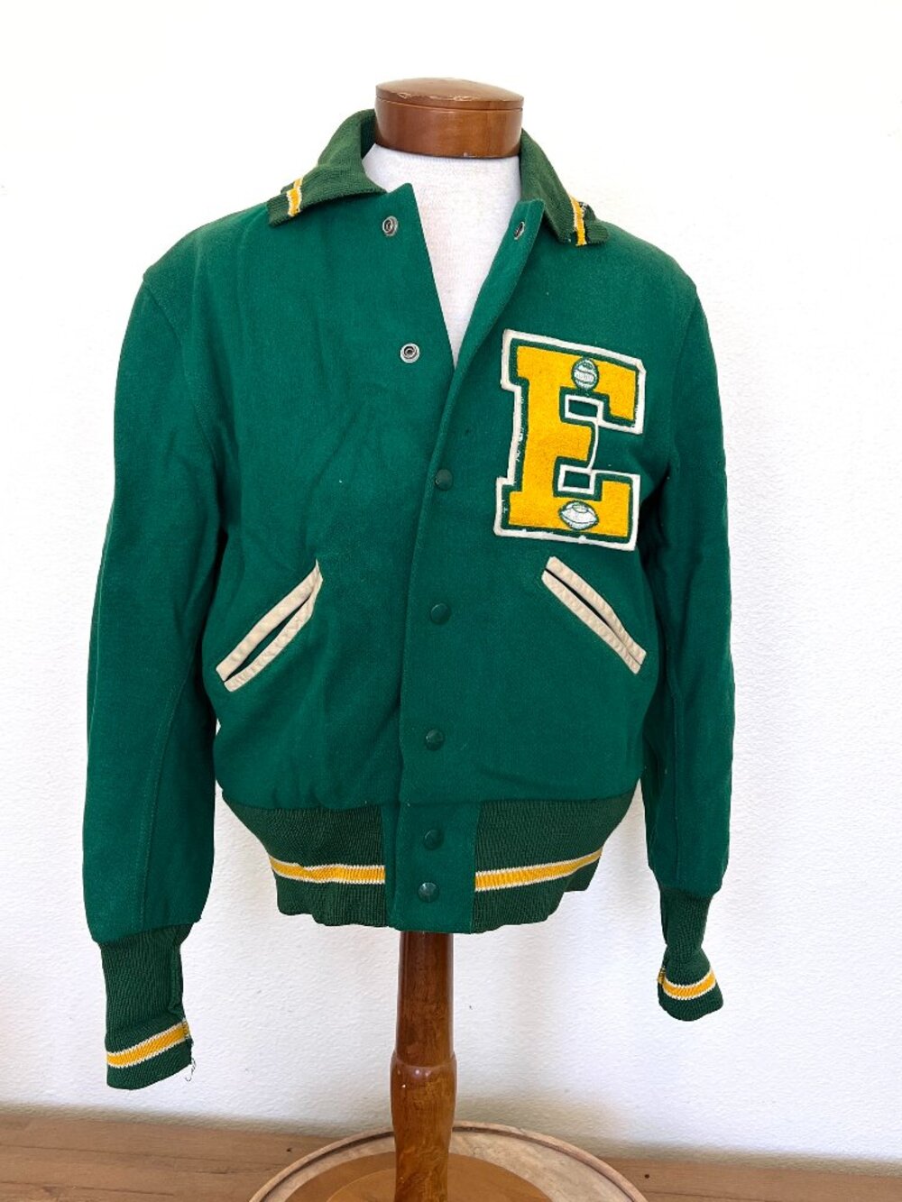 60's Letterman Jacket- Whiting - Green - "E" Emblem - Size 38 - Really Loved
